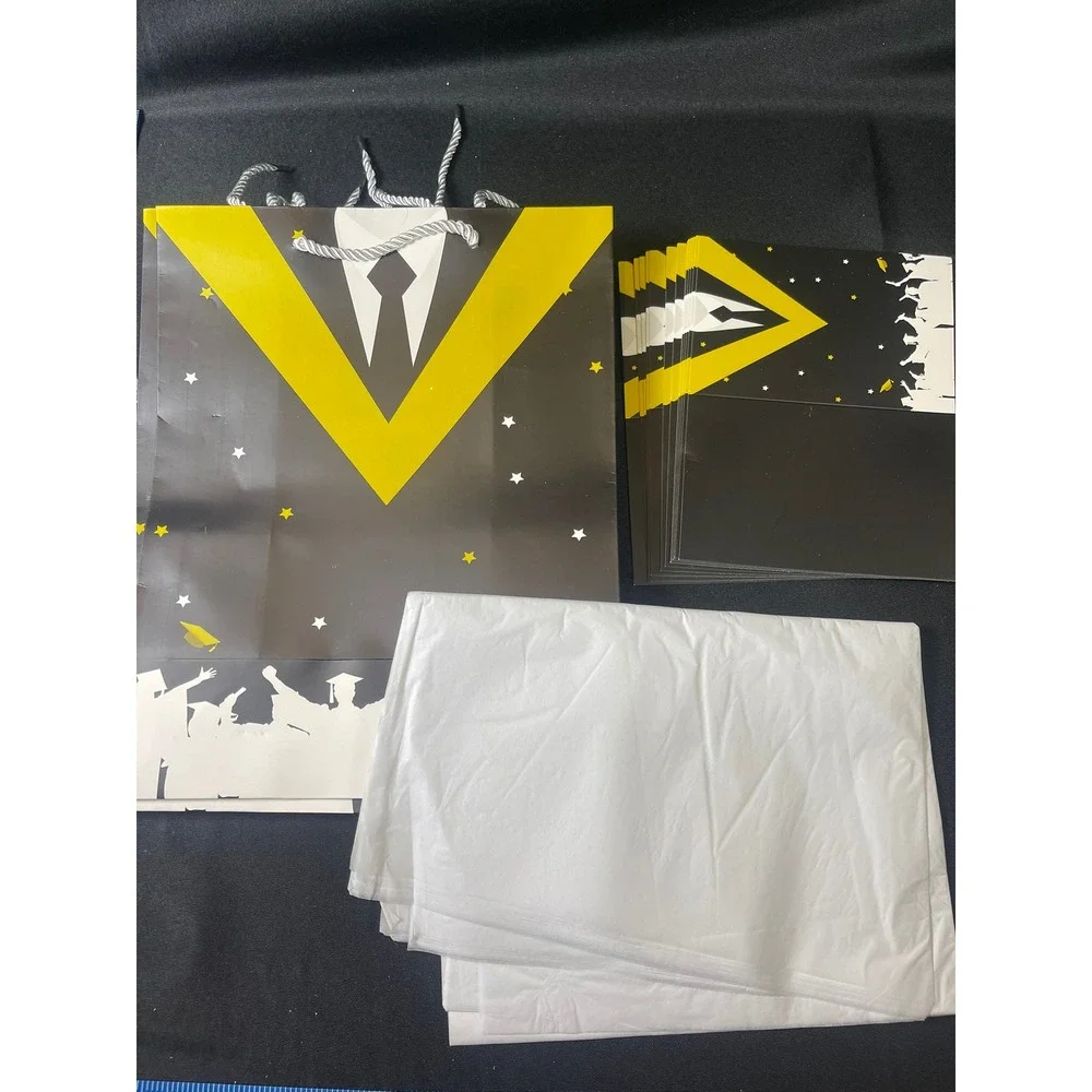 Set of 5 Graduation Gift Bags w/ Cards & Tissue Paper Black Yellow Tuxedo Design